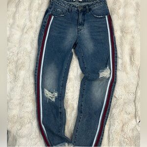 One X Oneteaspoon Distressed Denim Jeans w Red and White Stripes